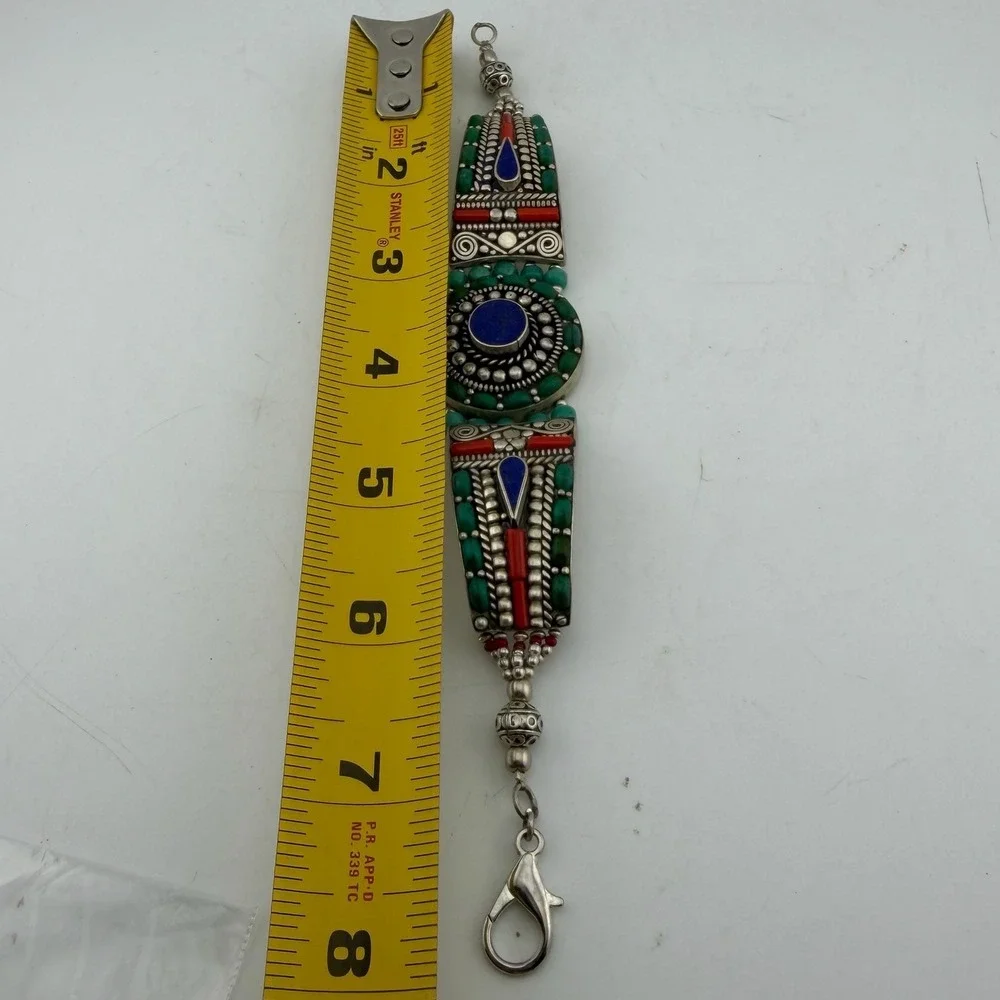 Tibetan Lapis Southwestern Boho Turquoise Coral Inlay Cuff Bracelet